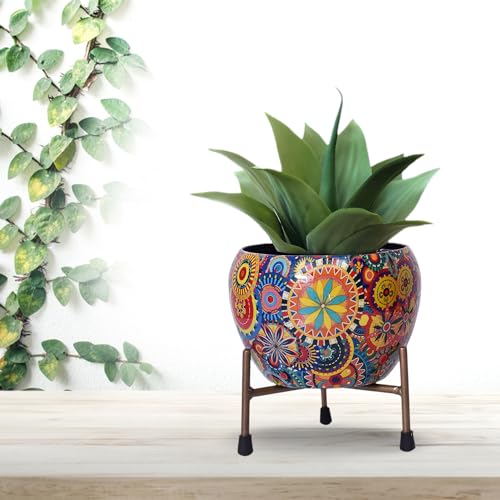 CINAGRO Metal Flower Vase Planter Pot with Iron Stand, Pots for Plants, Plant Pots for Home Decoration, Succulent Pot, Indoor Planter Garden Decor (Size: 6X6 inch) Style: Mandala Fusion Spectrum - Image 1