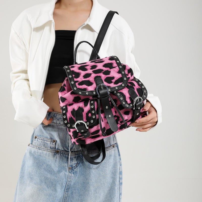 Retro New Distinctive Leopard Print Backpack Trendy Fashion Flip Bag Rivet Large Capacity Backpack - Image 5