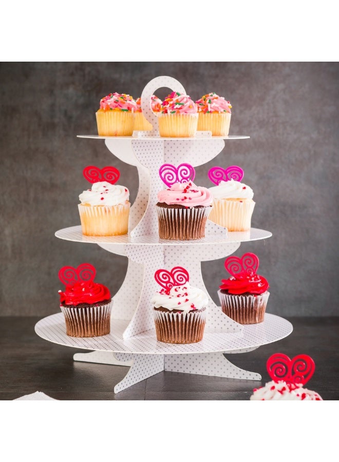 Restaurantware 3 Tier Cardboard Cupcake Stand - White with White Polka Dots - Cupcake Holder - Pastry Display - 13 1/2" x 13 1/2" x 14" - 1ct Box - Pastry Tek  - Image 3