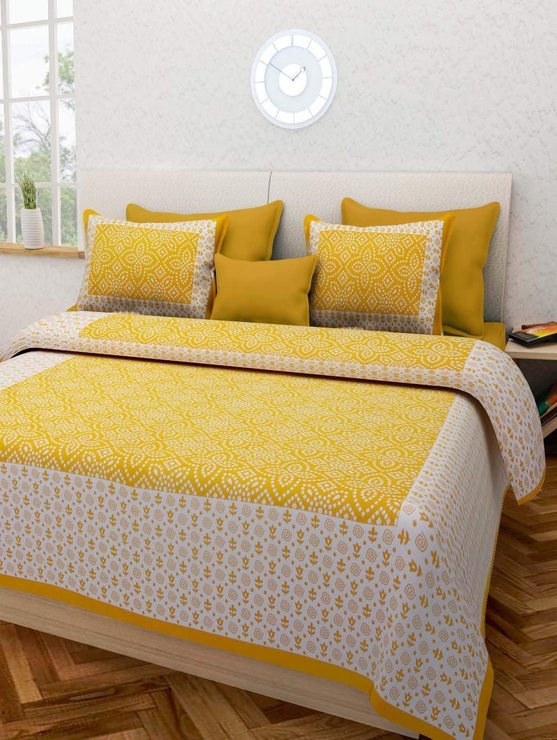 Ealth Kart 144 TC 100% Cotton Rajasthani Jaipuri Double Bedsheet with 2 Pillow Covers - Yellow - Image 4