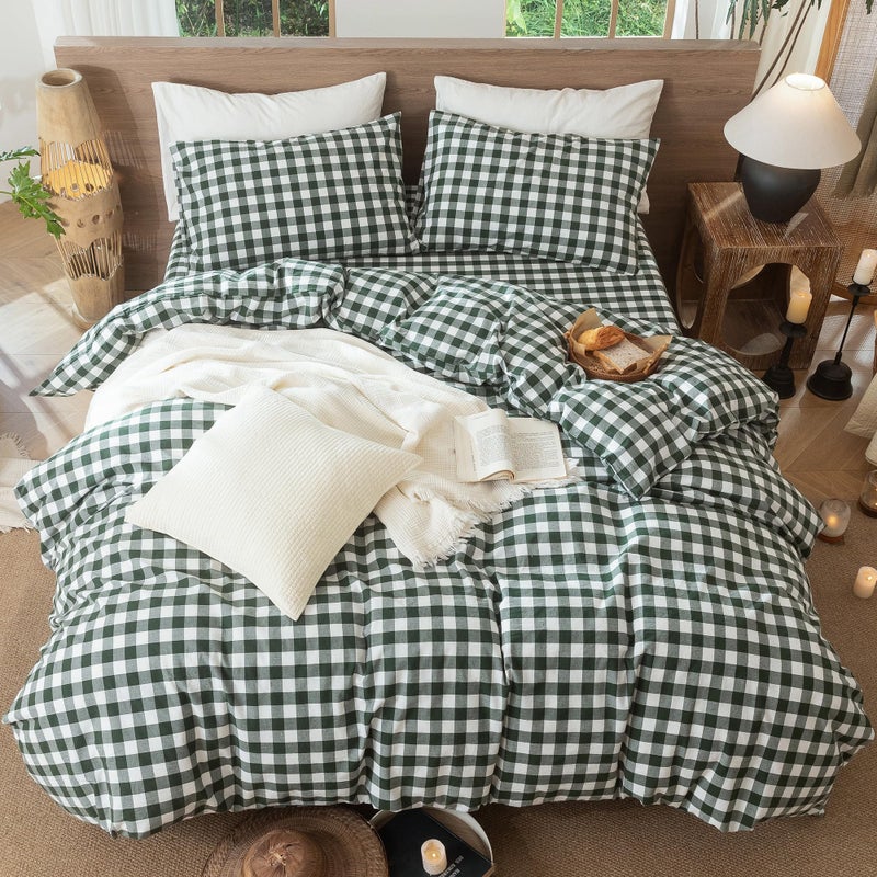 MooMee Gingham Duvet Cover Set 100% Washed Cotton Linen Like Textured Breathable Durable Soft Comfy Modern Checkered Design (Buffalo Plaid Forest Green, King 104"x90") - Image 5
