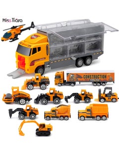 MissTiara 12 in 1 Construction Cars and Trucks Toy for Boys Yellow Truck Carrier Toy Set Little Die-cast Vehicles Mini Excavator Backhoe Mixer Dump Truck Cars for Kids Ages 3-8  - Image 1