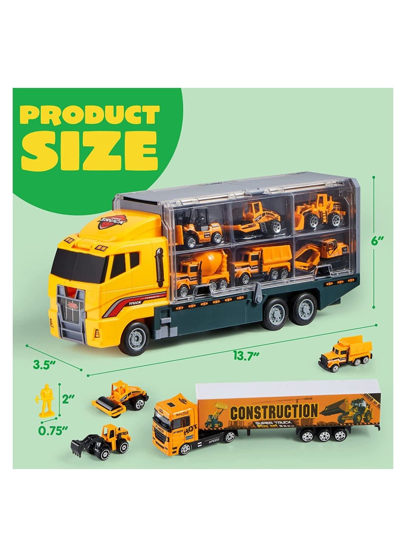 MissTiara 12 in 1 Construction Cars and Trucks Toy for Boys Yellow Truck Carrier Toy Set Little Die-cast Vehicles Mini Excavator Backhoe Mixer Dump Truck Cars for Kids Ages 3-8  - Image 3