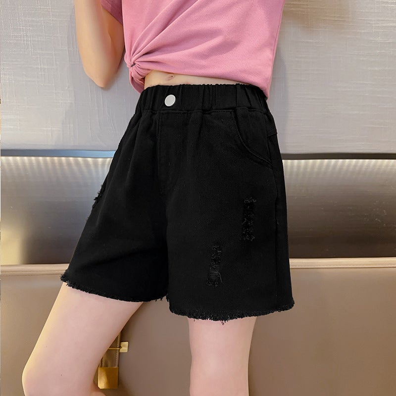Girls shorts 2025 summer big childrens fashion hole hot pants manufacturers wholesale 6-16 years old outside wear tide pants Black [hole shorts]