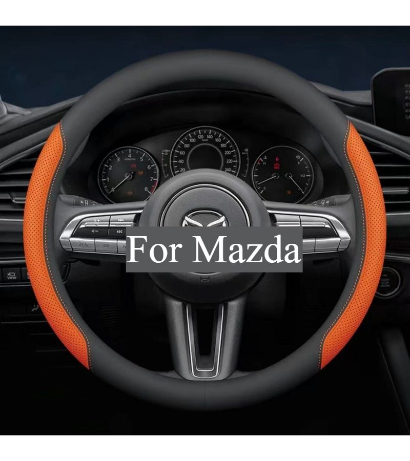 Ultra Thin PU Leather Steering Wheel Cover With Laser Vents Breathable Non Slip Grip Round One Piece Model Orange Line For Select Mazda Models All Season Stylish Car Upgrade - Image 5