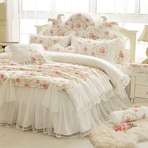 LELVA Girls Bedding Set Lace Ruffle Duvet Cover Sets with Bed Skirt Princess Bedding Set Vintage Floral Print Duvet Cover Twin Size 4 Piece (Twin, White) - Image 3
