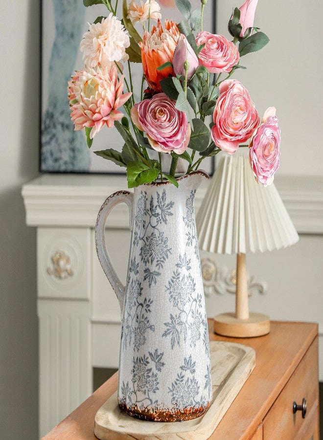 Enra Blue and White vase with Handle,12.2 inch Ceramic Vintage Decorative Flower Pitcher vase, Chinoiserie Floral Vase,Large Rustic Vases for Home Decors, Living Room, Bookshelf, Office - Image 2