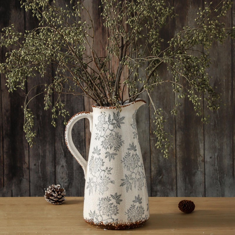 Enra Blue and White vase with Handle,12.2 inch Ceramic Vintage Decorative Flower Pitcher vase, Chinoiserie Floral Vase,Large Rustic Vases for Home Decors, Living Room, Bookshelf, Office - Image 1