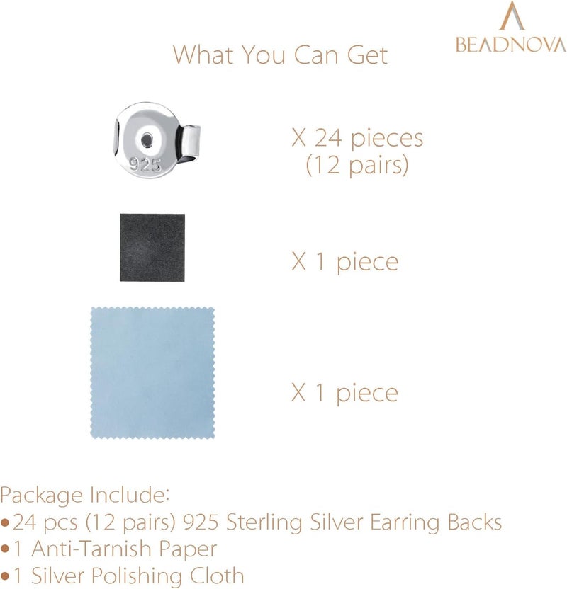BEADNOVA 925 Sterling Silver Earring Backs for Studs Butterfly Earring Backing Hypoallergenic Locking Ear Stud Backs Secure Earstud Stopper Replacement for Posts (24 pcs) - Image 3