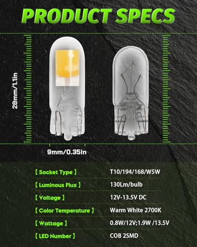 Alopee 10 Pack 194 Bulb Warm White Led 2700K Replacement for 168 194 W5W T10 Led Bulb Car Interior Lighting RV Led Light Bulbs DC 12V Only - Image 3