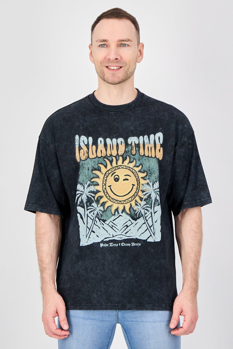 Ketch Men Crew Neck Short Sleeve Graphic Print T-Shirt, Washed Black - Image 1