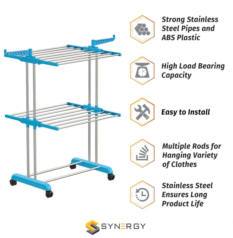 Synergy - Premium Heavy Duty Stainless Steel Clothes Drying Stand | Cloth Dryer Stand | Cloth Stand for Drying Clothes Foldable | Cloth Hanging Stand | Cloth Drying Stand (2-Tier) Blue - SY-CS19-L2 - Image 2