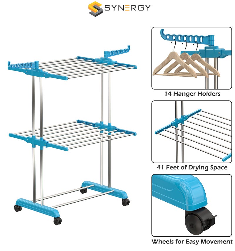 Synergy - Premium Heavy Duty Stainless Steel Clothes Drying Stand | Cloth Dryer Stand | Cloth Stand for Drying Clothes Foldable | Cloth Hanging Stand | Cloth Drying Stand (2-Tier) Blue - SY-CS19-L2 - Image 3