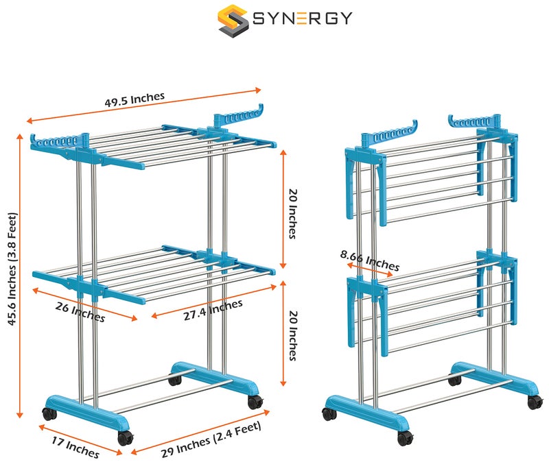Synergy - Premium Heavy Duty Stainless Steel Clothes Drying Stand | Cloth Dryer Stand | Cloth Stand for Drying Clothes Foldable | Cloth Hanging Stand | Cloth Drying Stand (2-Tier) Blue - SY-CS19-L2 - Image 5