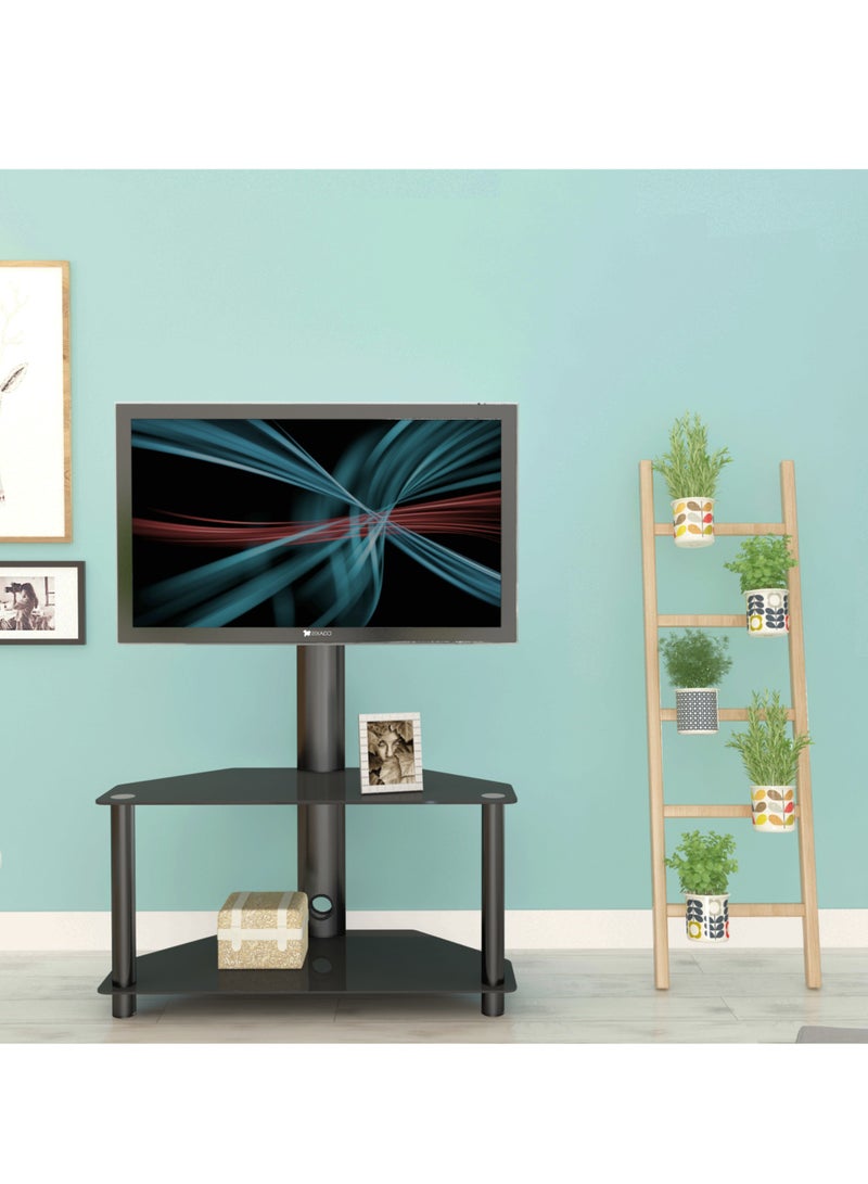 فلاشهوك حامل تلفزيون أرضي دوار مع أرفف زجاجية من 2 طبقة تخزين وحامل تلفزيون قابل لتعديل الارتفاع لأجهزة تلفزيون بشاشة 32-55 بوصة - Image 2