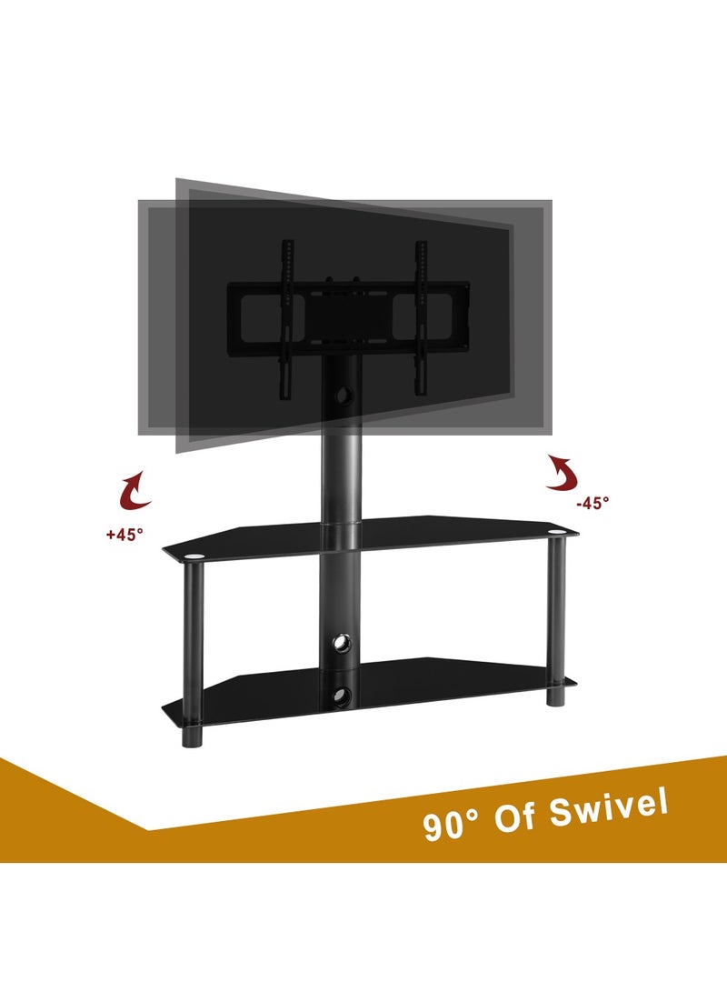 فلاشهوك حامل تلفزيون أرضي دوار مع أرفف زجاجية من 2 طبقة تخزين وحامل تلفزيون قابل لتعديل الارتفاع لأجهزة تلفزيون بشاشة 32-55 بوصة - Image 3