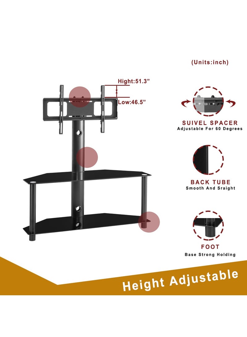 فلاشهوك حامل تلفزيون أرضي دوار مع أرفف زجاجية من 2 طبقة تخزين وحامل تلفزيون قابل لتعديل الارتفاع لأجهزة تلفزيون بشاشة 32-55 بوصة - Image 5
