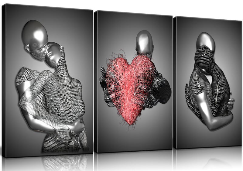 NCYEL Framed Love Heart 3d Wall Art Romantic Couple Hug Abstract Art Prints Posters Decor Grey Black and White Canvas Prints Bedroom Bathroom Hotel Valentine'S Day Ready to hang 16x24InchX3 - Image 1
