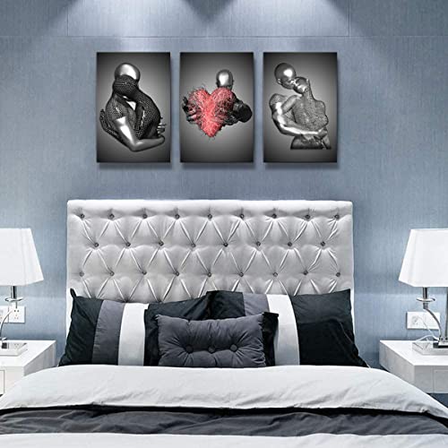 NCYEL Framed Love Heart 3d Wall Art Romantic Couple Hug Abstract Art Prints Posters Decor Grey Black and White Canvas Prints Bedroom Bathroom Hotel Valentine'S Day Ready to hang 16x24InchX3 - Image 4