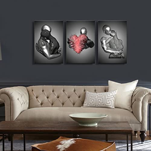 NCYEL Framed Love Heart 3d Wall Art Romantic Couple Hug Abstract Art Prints Posters Decor Grey Black and White Canvas Prints Bedroom Bathroom Hotel Valentine'S Day Ready to hang 16x24InchX3 - Image 2