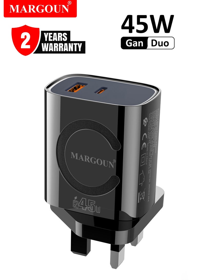 MARGOUN 45W Power Adapter Duo, Dual USB-C & USB-A Ports, PD & QC Super Fast Charging Black - Image 1
