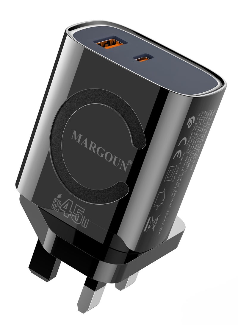 MARGOUN 45W Power Adapter Duo, Dual USB-C & USB-A Ports, PD & QC Super Fast Charging Black - Image 2