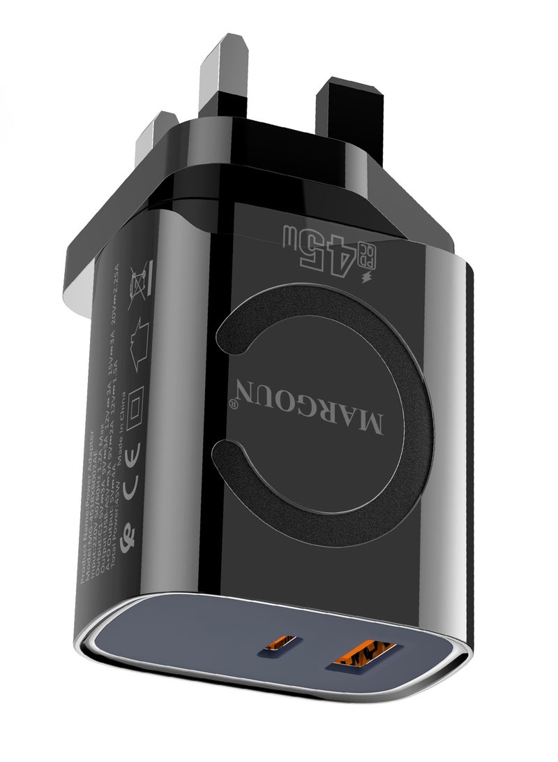 MARGOUN 45W Power Adapter Duo, Dual USB-C & USB-A Ports, PD & QC Super Fast Charging Black - Image 3
