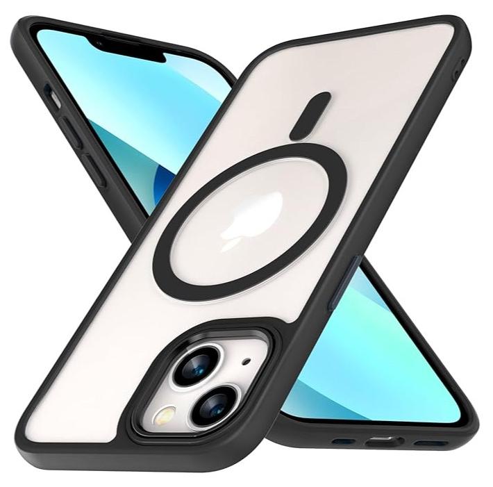 جراب خلفي مغناطيسي شفاف متوافق مع شحن MagSafe، مقاوم للصدمات والخدش لهاتف iPhone 13 و14، أسود، أكريليك