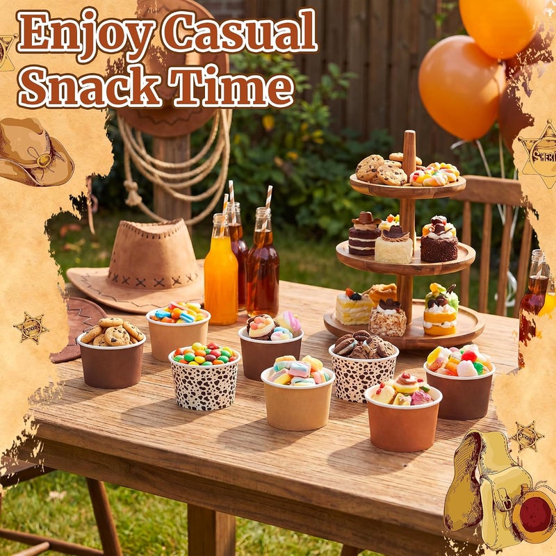 Romooa 100 Pcs 9oz Summer Ice Cream Paper Bowl Treat Snack Cups Cowboy Western Ice Cream Dessert Bowl Brown Western Cow Print Treat Snack Cup for Hot or Cold Food Party Favor Supplies - Image 5