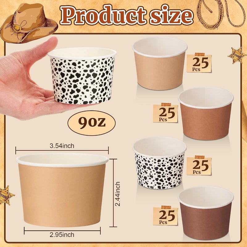 Romooa 100 Pcs 9oz Summer Ice Cream Paper Bowl Treat Snack Cups Cowboy Western Ice Cream Dessert Bowl Brown Western Cow Print Treat Snack Cup for Hot or Cold Food Party Favor Supplies - Image 3