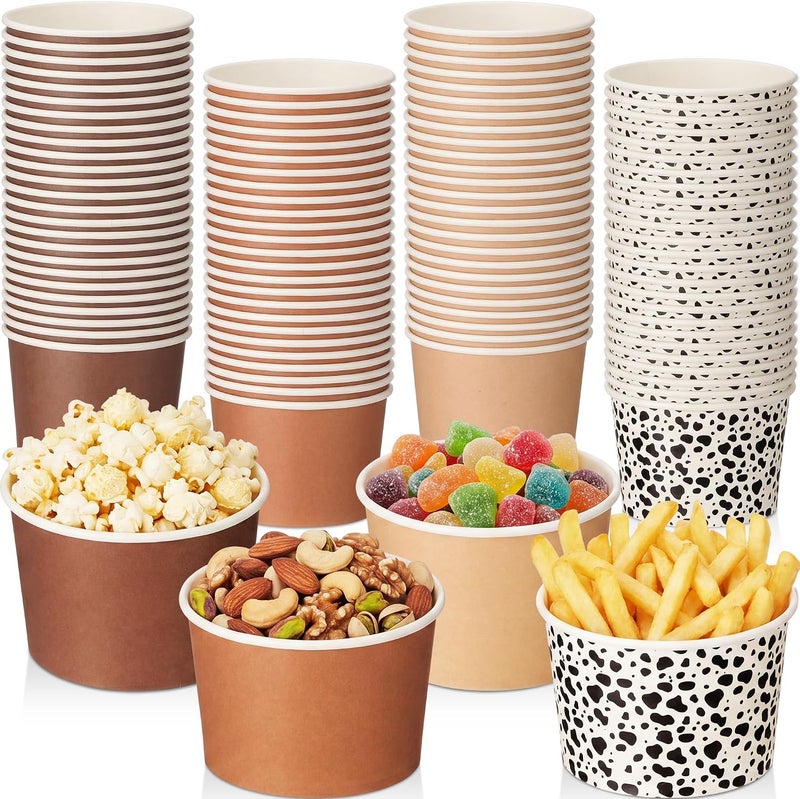 Romooa 100 Pcs 9oz Summer Ice Cream Paper Bowl Treat Snack Cups Cowboy Western Ice Cream Dessert Bowl Brown Western Cow Print Treat Snack Cup for Hot or Cold Food Party Favor Supplies - Image 1