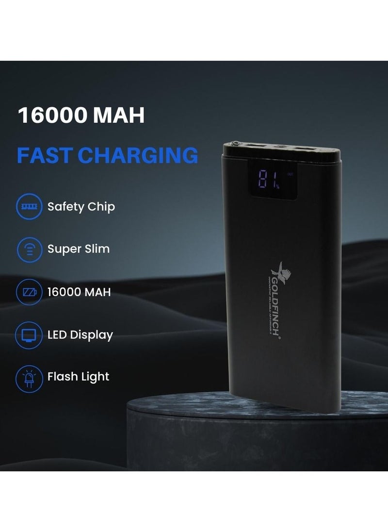 Goldfinch - Goldfinch USB C Portable Power Bank 16000 mAh with 1 USB C Port and 2 USB A Ports for up to 15W Charging for iPhone, Android, AirPods, iPad, and More Black - Image 1