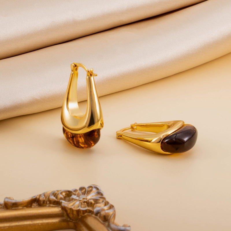 LAXPICOL Gold Chunky Dangle Earrings For Women Resin Stone Earrings Hoop Earrings, 18k Plated Oval Brown Resin Stone Statement Earrings for Women Unique Dangling Teardrop Baroque Huggies Hoop Earrings - Image 4