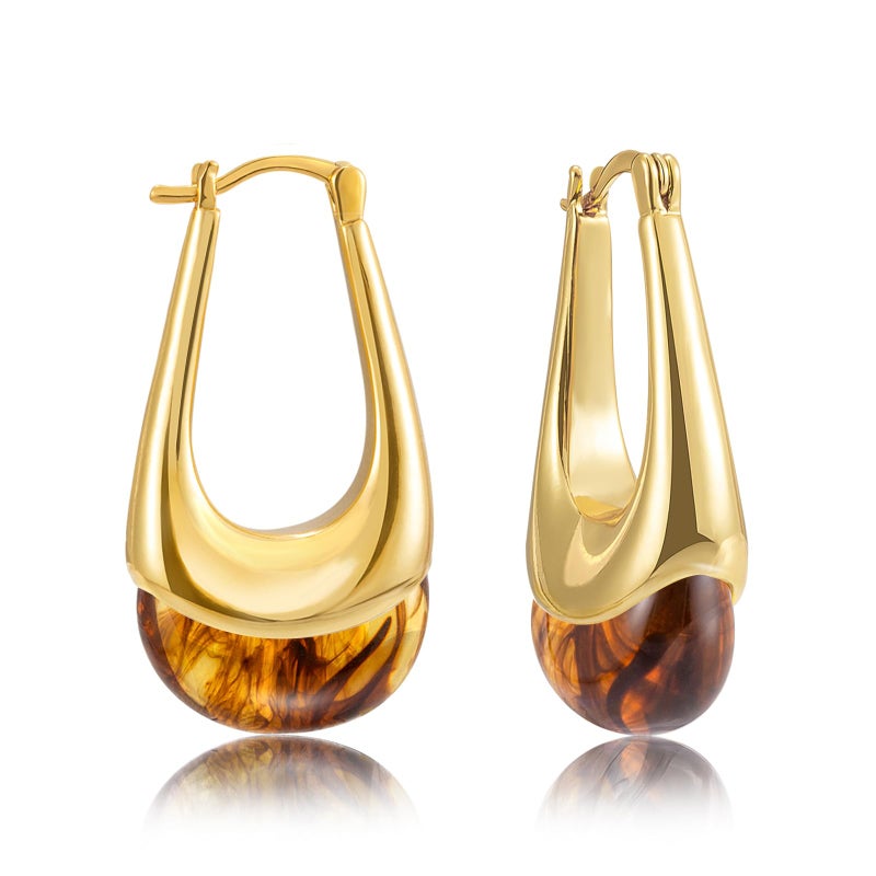 LAXPICOL Gold Chunky Dangle Earrings For Women Resin Stone Earrings Hoop Earrings, 18k Plated Oval Brown Resin Stone Statement Earrings for Women Unique Dangling Teardrop Baroque Huggies Hoop Earrings - Image 1