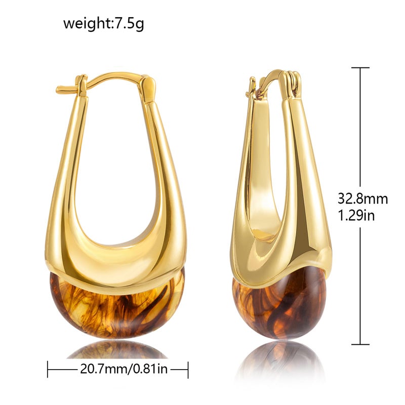 LAXPICOL Gold Chunky Dangle Earrings For Women Resin Stone Earrings Hoop Earrings, 18k Plated Oval Brown Resin Stone Statement Earrings for Women Unique Dangling Teardrop Baroque Huggies Hoop Earrings - Image 3