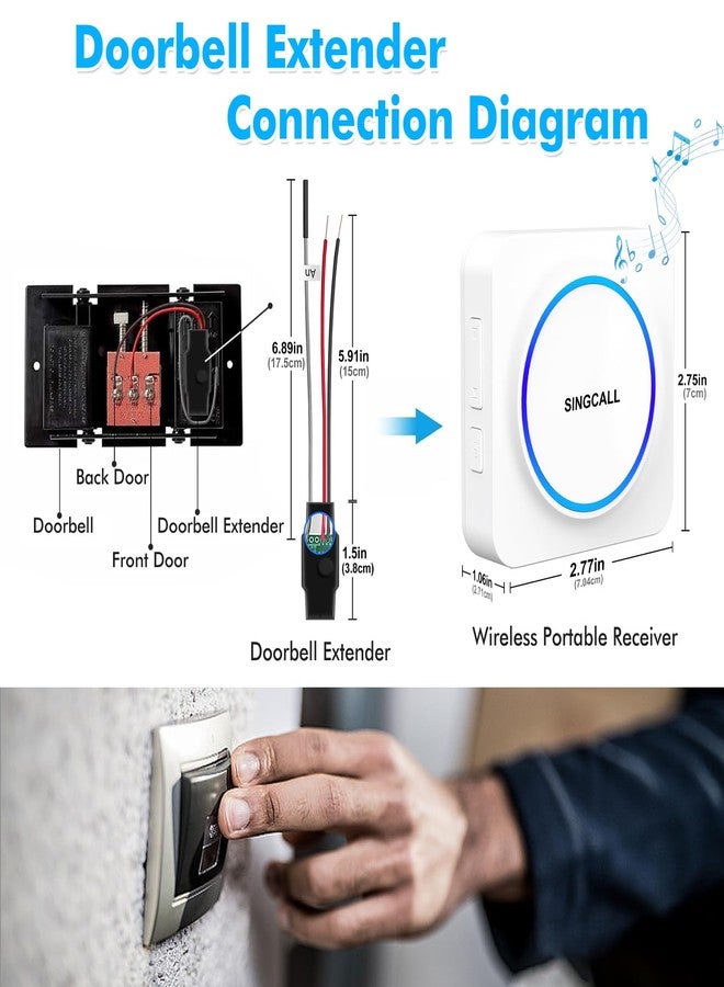 SINGCALL Wireless Doorbell Extender Convert Wired to Wireless for Existing Wired Doorbell Portable LED Receiver 32 Chimes & 0-100dB Volume Easy Install for Home/Garage/Apartment 1 Receiver 1 Extender - Image 4