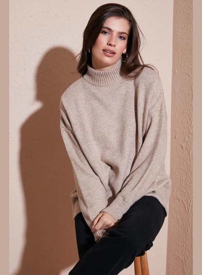 ليلا كنزة نسائية بياقة عالية من ليلا، مقاس واسع، نسيج ناعم