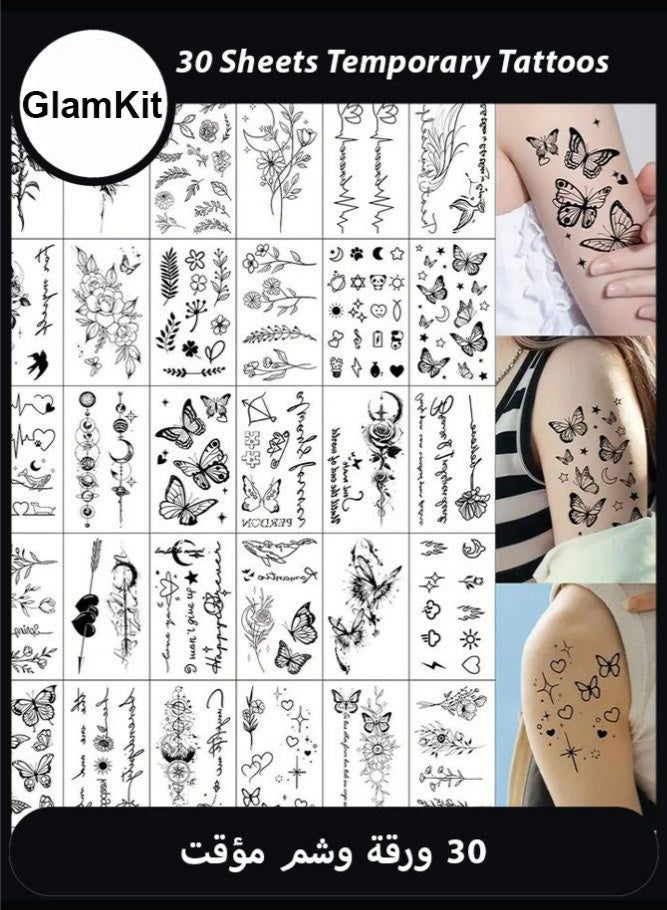 جلامكيت 30 ورقة من الوشم المؤقت، ملصقات وشم زائفة بنقوش زهور وفراشات وقلوب سوداء، مع أنماط تصميم متنوعة ومختلطة - Image 1
