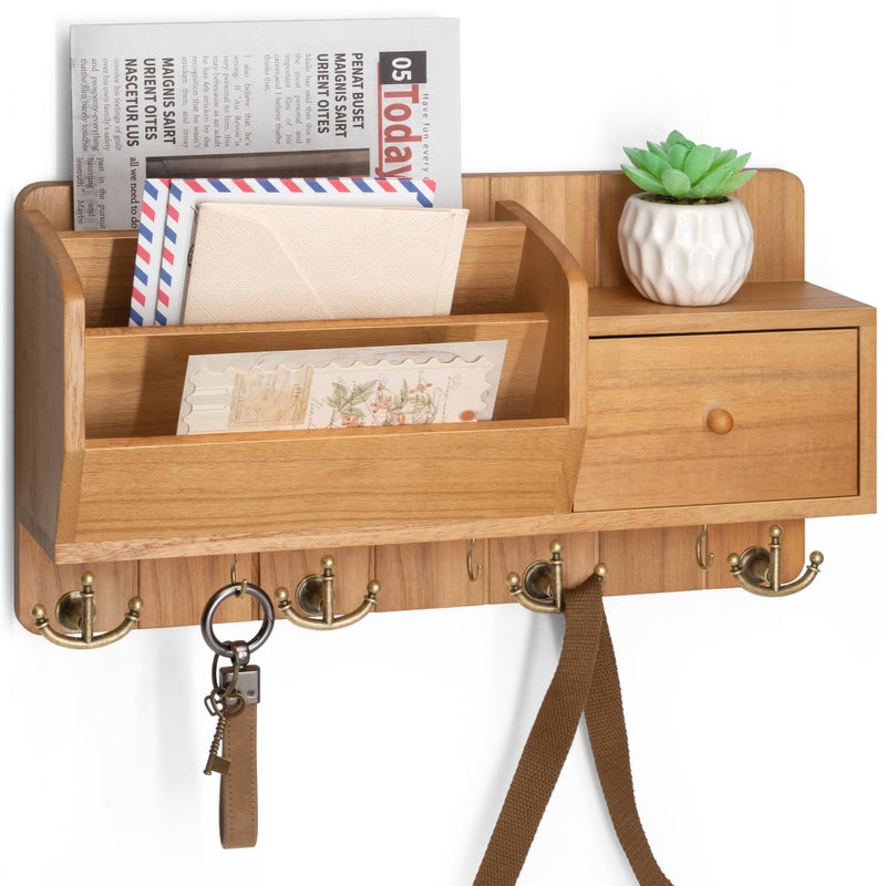 Rebee Vision Key Holder Wall Mount with Mail Organizer - Modern Farmhouse Key and Mail holder for Wall with Wall Hooks and Drawer - Apartment Essentials for Home Decor Aesthetic(Light Brown) - Image 1