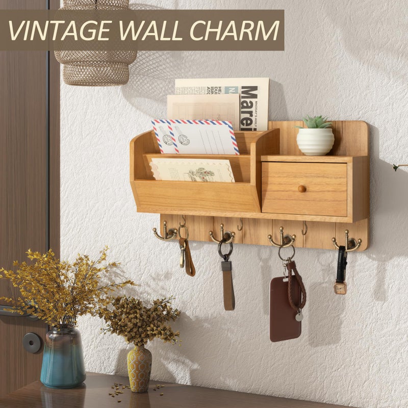 Rebee Vision Key Holder Wall Mount with Mail Organizer - Modern Farmhouse Key and Mail holder for Wall with Wall Hooks and Drawer - Apartment Essentials for Home Decor Aesthetic(Light Brown) - Image 5