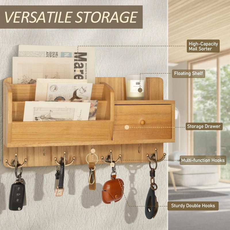 Rebee Vision Key Holder Wall Mount with Mail Organizer - Modern Farmhouse Key and Mail holder for Wall with Wall Hooks and Drawer - Apartment Essentials for Home Decor Aesthetic(Light Brown) - Image 4