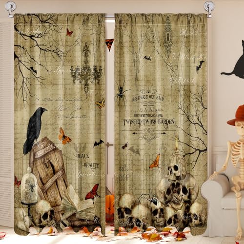 SmoothNovelty 2 Pcs Gothic Curtains for Living Room Gothic Punk Skeleton Skull Crow Curtains Spider Forest Window Drapes Bedroom Halloween Party Decor Retro Horror Style 52 x 84 Inches - Image 1