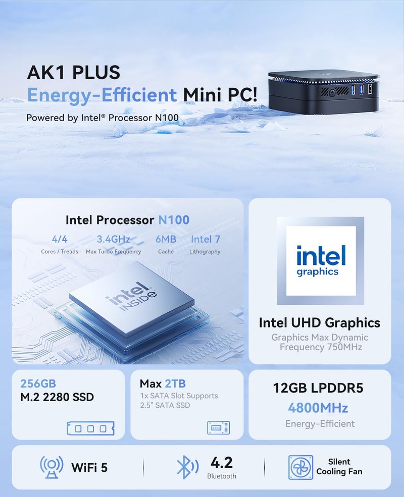 KAMRUI N100 Mini PC, Desktop Computer with 12GB LPDDR5 4800MHz RAM 256GB M.2 SSD, 4K Micro PC with Ethernet, 2 HDMI, 4 USB-A, Small PC Support WiFi/BT for Office, Home, Business - Image 4