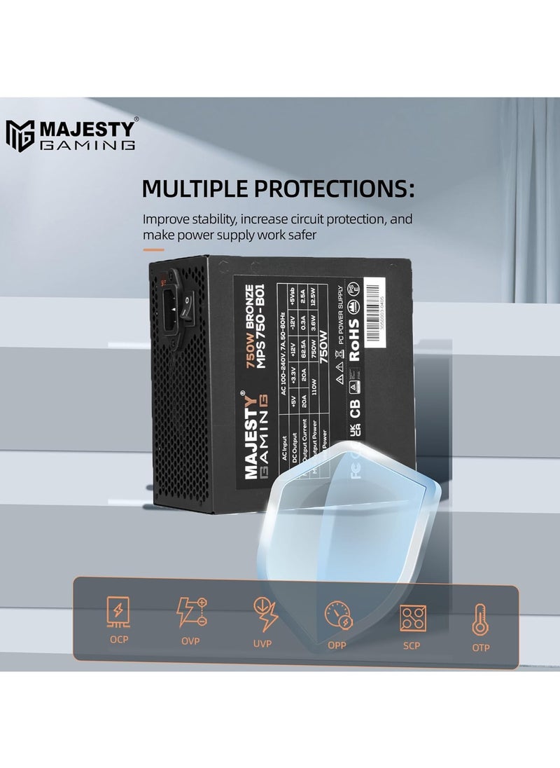 Majesty Majesty Power Supply 750W Bronze Non-Modular Low Noise Power Supply - ATX 3.0 and PCIe 5.0 Compatible - 105°C Capacitors - 80+ Bronze Efficiency - Black  - Image 4