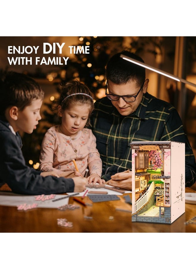 RoWood Book Nook Kit, Bookshelf Insert Decor Alley 3D Wooden Puzzle, Diy Bookend Building Set Model Kit With Led Light -Sakura Tram  - Image 3