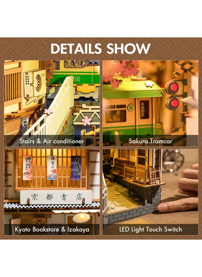 RoWood Book Nook Kit, Bookshelf Insert Decor Alley 3D Wooden Puzzle, Diy Bookend Building Set Model Kit With Led Light -Sakura Tram  - Image 5