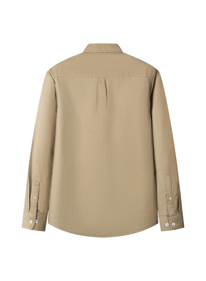 Limeng Men's Pure Cotton Long Sleeve Shirt Solid Color Oxford Casual Shirt Plus Size Khaki 42 - Image 1