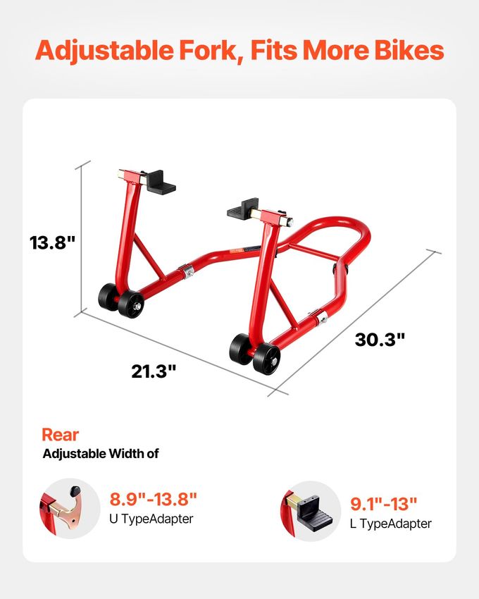VEVOR Motorcycle Rear Wheel Stand, 850 Lbs Load Capacity Heavy Duty Rear Wheel Stand With U + L Fork Swingarm Spool, Adjustabe Motorcycle Lift Jack Stand, For Suzuki Yamaha Honda Kawasaki, Red - Image 5