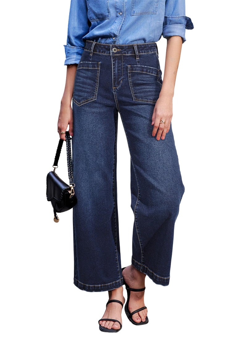 Sidefeel Women's Wide Leg Jeans High Waisted Straight Leg Stretchy Trendy Loose Zimbaplatinum Ankle Denim Pants Dark Blue Size 18 - Image 1