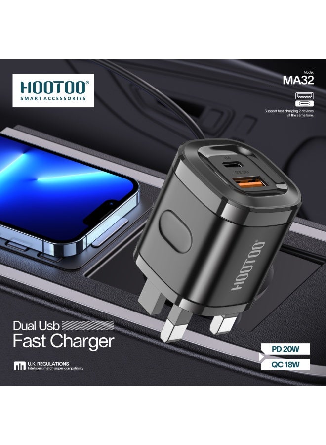 HooToo 38W wall charger. Dual-port charger (Type-C charger & USB plug). Fast and safe charging. Chargers for cell phones, headphones, watches, and modems. Plugs for iPhone, Samsung, Honor, and other supported devices. - Image 4